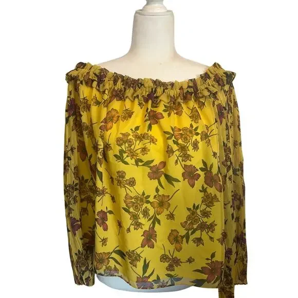 Scripted Yello Floral Off Shoulder Blouse Boho Made in USA medium - Picture 2 of 8
